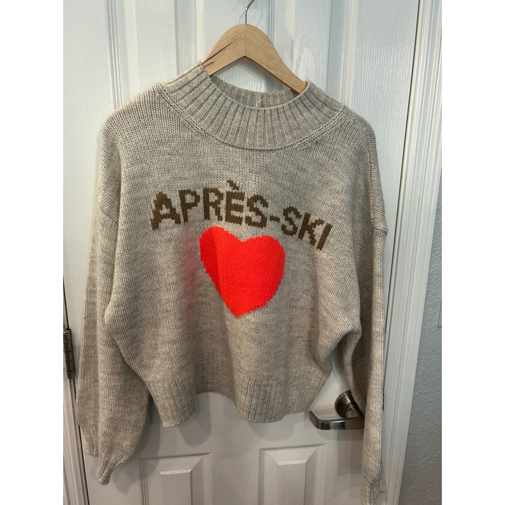 American Eagle Sweater Grey Après-Ski Red Heart Mock Neck Pullover Knit Top M